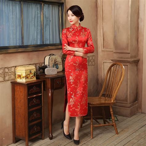2019 Women Chinese Traditional Cheongsam Dress Red Satin Chinese New