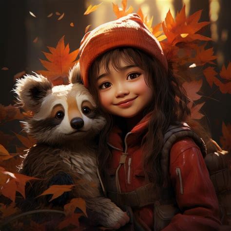 Premium Ai Image A Girl With A Bear And A Bear In A Forest