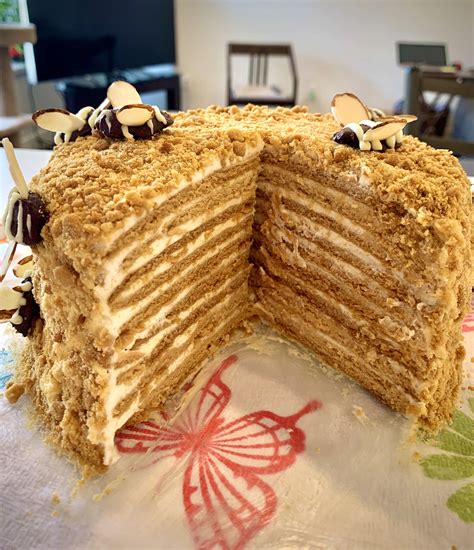 [oc] my first attempt at medovik an eastern european honey cake the honey cake layers have a