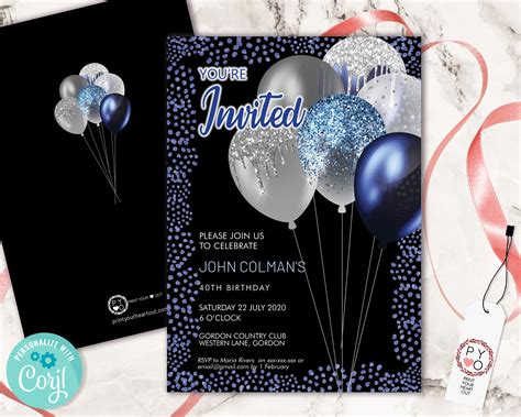 Silver Blue Birthday Balloons Invitation Printable Template Etsy