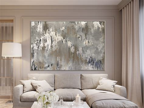 Silver Leaf Wall Art Abstract Painting Canvas Contemporary Art Etsy Grey Canvas Art Large