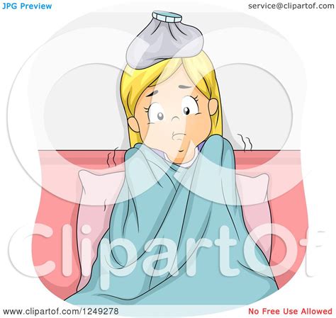 Clipart Of A Sick Blond Girl Shivering In Bed Royalty Free Vector