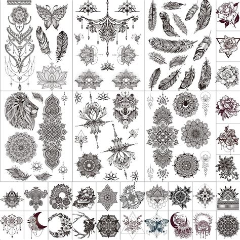 buy 32 sheets black henna temporary tattoos for adults women girls feather mandala flower body
