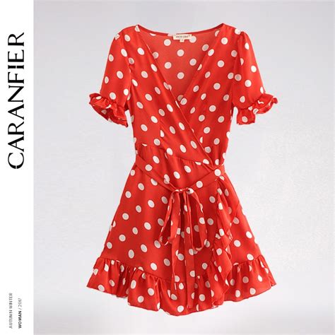 Caranfier Sweet Summer Dress Women Polka Dot Ruffle Dress Sexy V Neck Butterfly Sleeve Belt A