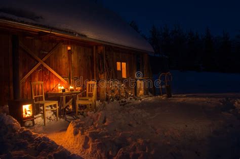 Cozy Wooden Cottage In Dark Winter Forest Stock Image Image Of