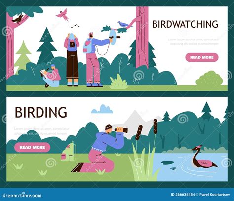 Young People Watching Birds Web Banners Set Flat Vector Illustration