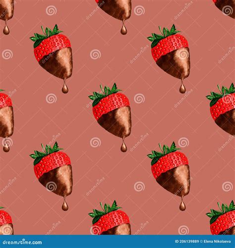 Watercolor Seamless Pattern With Chocolate Covered Strawberrieson Pink Backgroun Stock