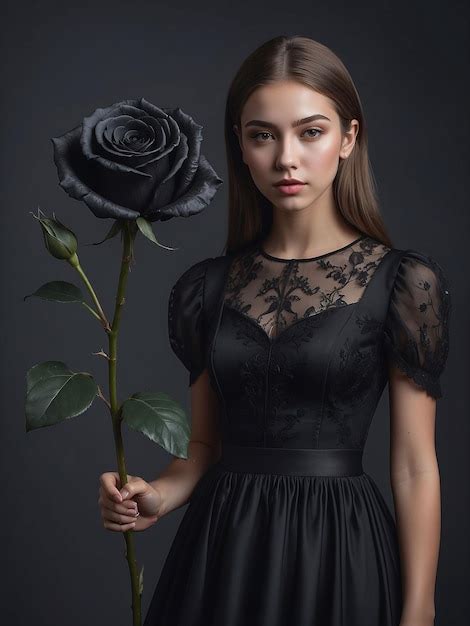 Premium Ai Image A Girl In A Black Dress Stands With A Black Rose