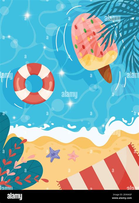 Cartoon Summer Beach Background With Ice Cream Float Sea Stars And