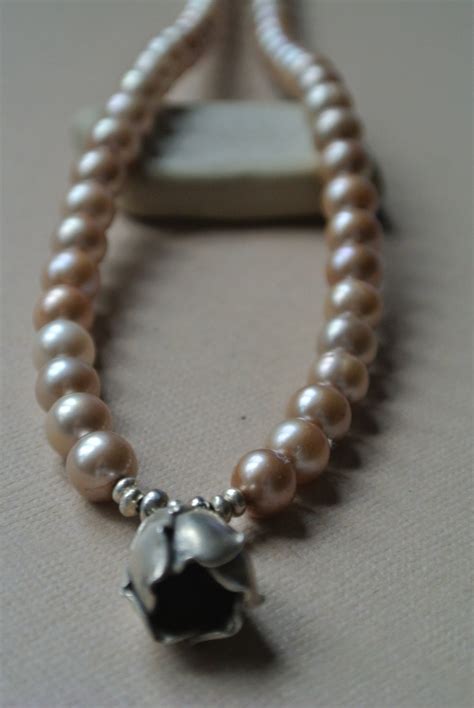 Freshwater Pearl Nude Champagne Beaded Necklace Fine Silver