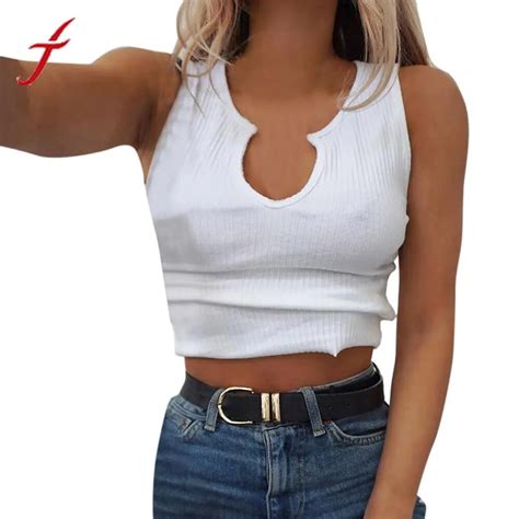 Feitong Summer Tank Tops Women Fashion Solid Crop Top Vest Sleeveless Short White Shirt Fitness