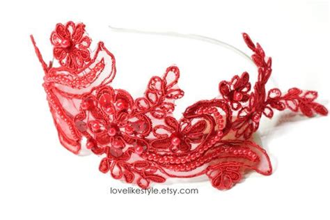 red pearl beaded lace headband red lace hair band bridal red etsy lace headbands pearl
