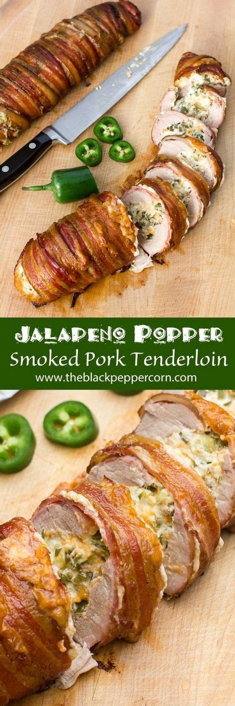 A homemade barbecue sauce adds great flavor. Jalapeño Popper Stuffed Smoked Pork Tenderloin Wrapped in Bacon | Smoked pork tenderloin, Smoked ...