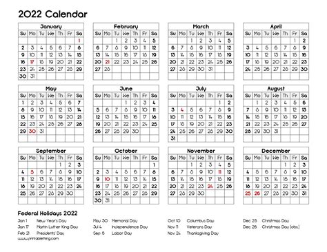 2022 Calendar Printable Pdf 2022 Calendar Printable One Page Usa 2022