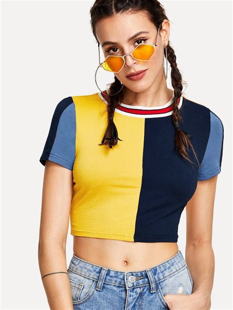 Striped Neckline Color Block Crop Tee Summer Tee Shirts Polo Crop Top Outfit Crop Top Outfits