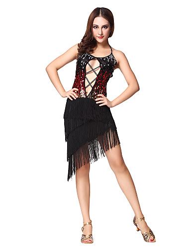 Dancewear Sexy Tassel Split Front Sequin Beading Strap Backless Polyester Latin Dance Dress