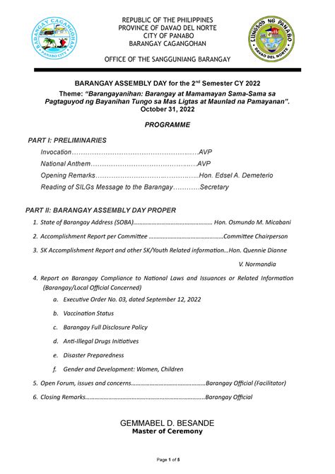 Barangay Assembly Minutes Republic Of The Philippines Province Of