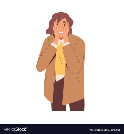 Embarrassed Shy Woman Hiding Face With Hands Vector Image