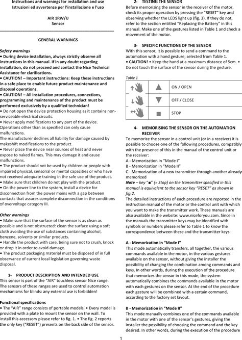 Nice S P A Air Remote Control Transmitter User Manual