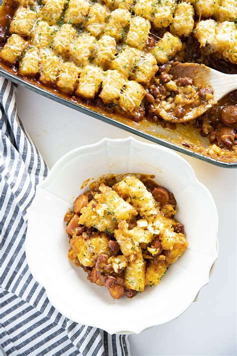 Cut cheese into 36 strips. Tater Tot Chili Dog Casserole - The Salty Marshmallow