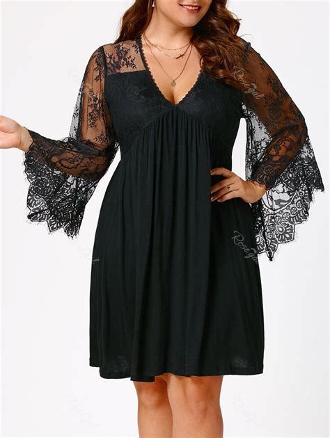 2018 Plus Size Lace Sleeve Holiday Dress In Black 5xl