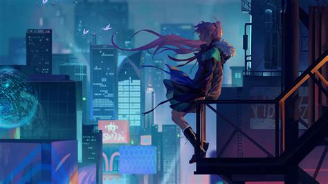 Anime Anime Girls Night Futuristic City Blue Cyan 2048x1152