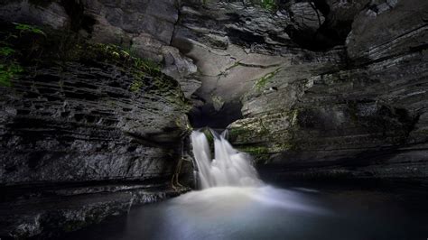 Fast Waterfall In A Stone Cave Wallpapers And Images
