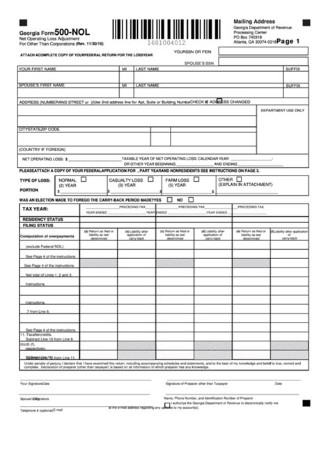 Fillable Georgia Form 500 Nol Net Operating Loss Adjustment For Other