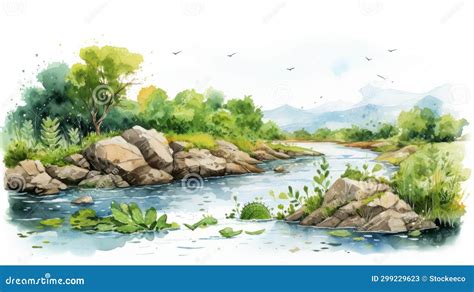 Exotic Flora and Fauna: Vibrant Watercolor Illustration of a Mountain