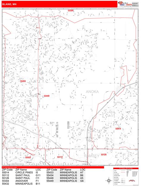Blaine Minnesota Zip Code Wall Map Red Line Style By Marketmaps