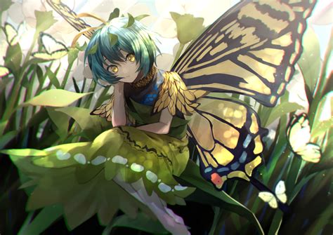 Safebooru 1girl Absurdres Antennae Aqua Hair Barefoot Bug Butterfly
