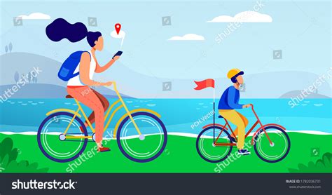 Mom Son Riding Bikes Along Seacoast Stock Vector Royalty Free 1782036731 Shutterstock