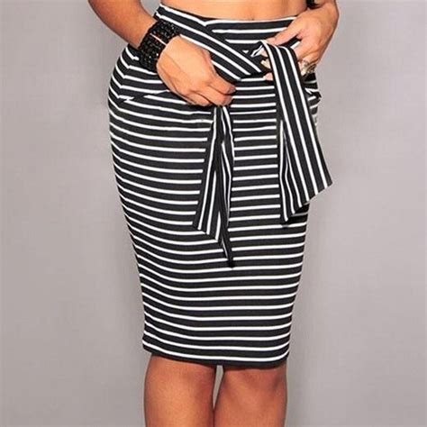 Summer Sexy Slim Bodycon Pencil Skirts Women Lady Striped Skirt Female Knee Length Bandage Skirt
