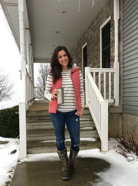striped shirt vest outfit pink vest outfit coffee sorel boots mom