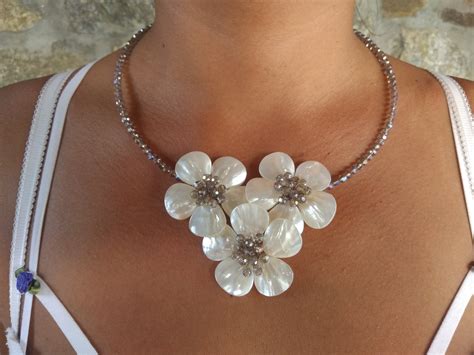 Mother Of Pearl Flower Necklace White Necklaceflower Etsy