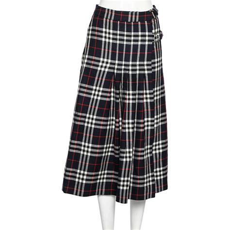 Burberry Navy Blue Checkered Wool Pleated Midi Wrap Skirt S Burberry