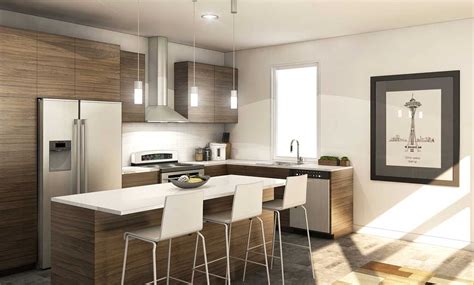 Recycled ceramic tiles via an old fireplace make and intriguing border, whilst wine bottles lined upside down are employed in a number of the flower gardens we visited. Seattle Condo. Kitchen design. Small/Medium Kitchen with ...