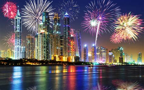 Happy New Year Dubai 2016 Fireworks Midnight Lights Over City With