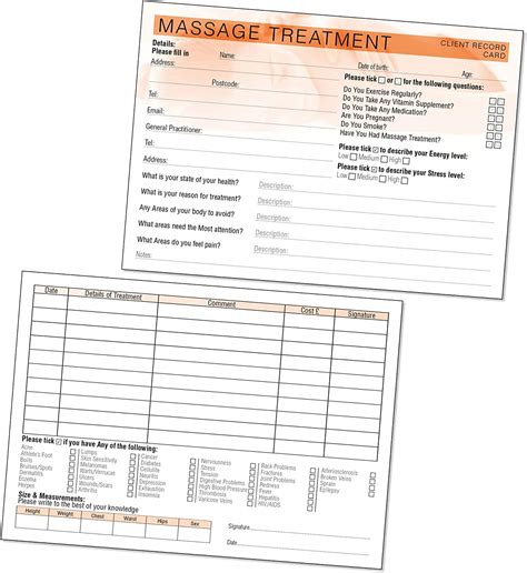 Massage Client Record Card Treatment Consultation Form For Mobile Therapists And Salons A5 Pack
