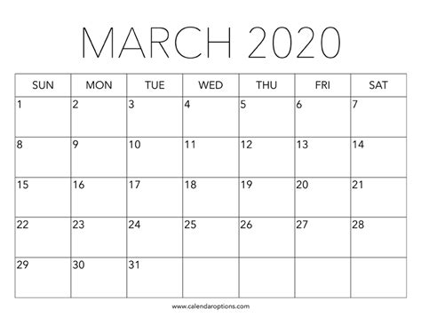Printable March 2020 Calendar Calendar Options