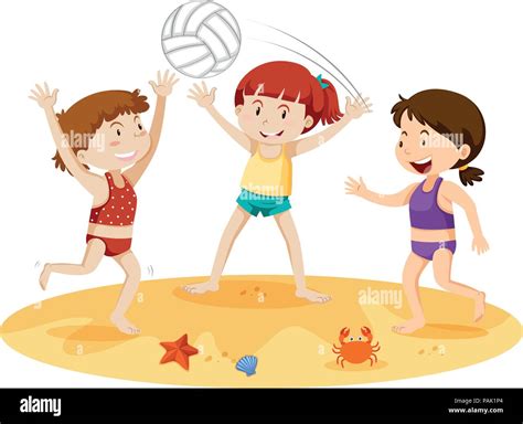 Tres Chicas Jugando Con Una Pelota En La Playa Ilustración Imagen