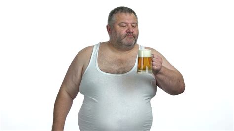 Overweight Man With Glass Of Beer On White Background Fat Guy Drinking