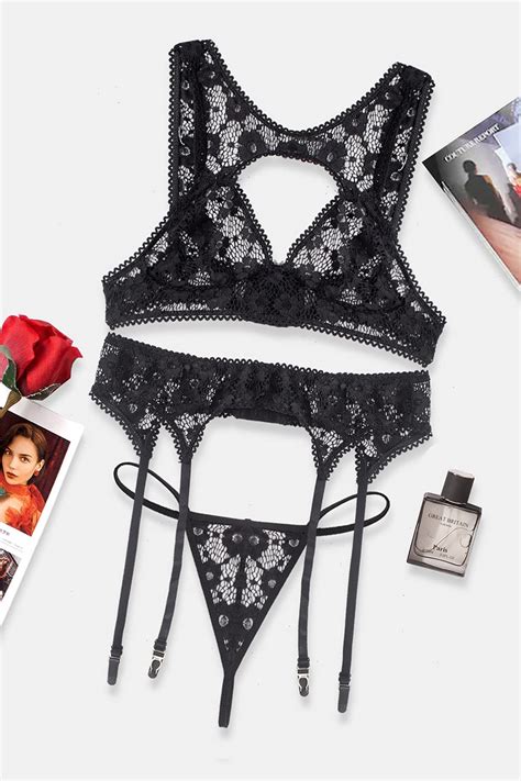 women sexy lingerie set with garter belt hollow floral lace bra and panties set 3 piece