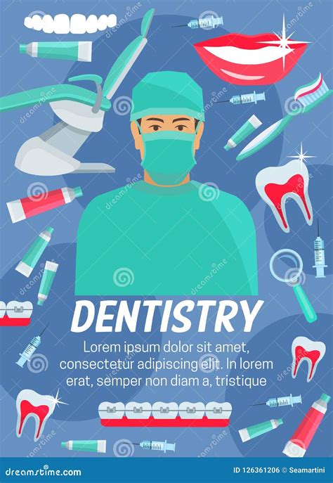 Dentistry Poster Of Dentist Tooth And Dental Tool Stock Vector