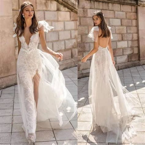Buy 2019 Sexy Lace Backless Boho Wedding Dress Deep V Bow Tulle Front Split