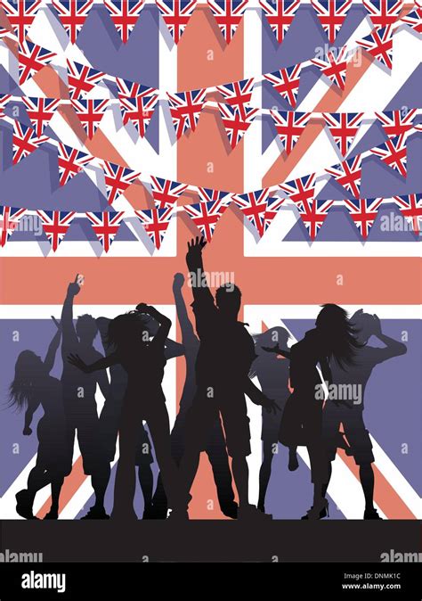 Silhouette Of Party People On A Union Jack Flag Background With Bunting