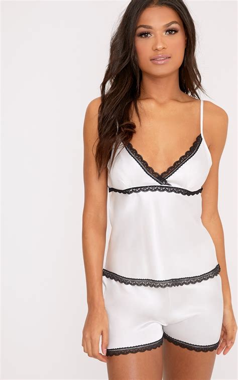 Mina White Satin Camisole And Short With Lace Trim Prettylittlething