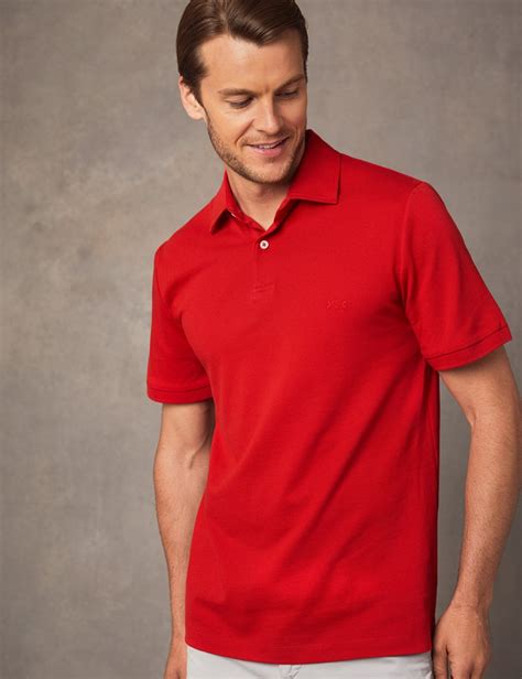 Men S Red Mercerised Pique Cotton Polo Shirt With Ribbed Collar Short Sleeve Hawes And Curtis