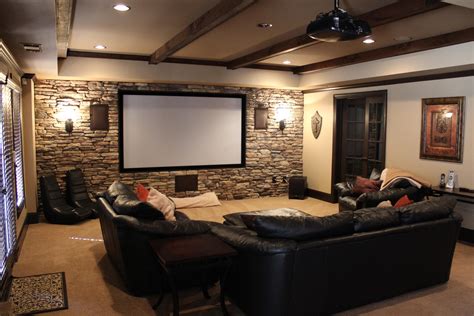 Stunning Basement Media Room Design For Media Room Ideas With Black Leather Couches Projector