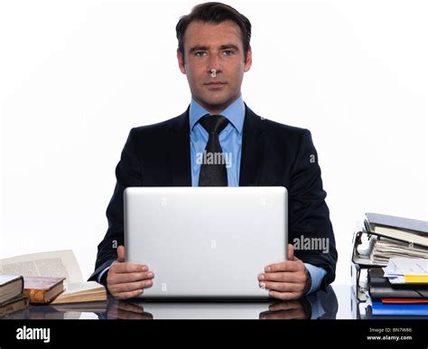 One Caucasian Man Businessman Holding Laptop Computer Looking At Camera